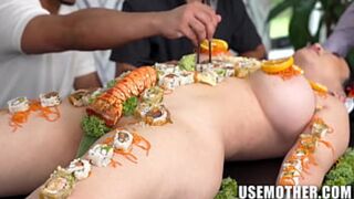 Savage Asian chef spits out filthy cuisine, sushi sex, and sinful sucking, Emerald and Suki's reckless romp