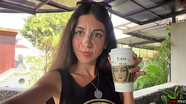 Crazy CUMWALK at STARBUCKS - Blowjob in Public Toilet &mdash;  Sperm in Coffee