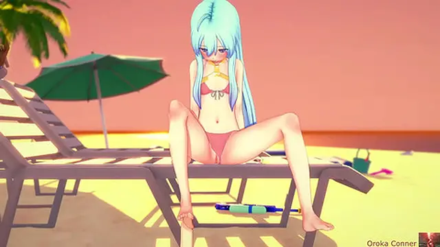 Blue haired teen gets intense beach sex &mdash;  missionary style in koikatsu