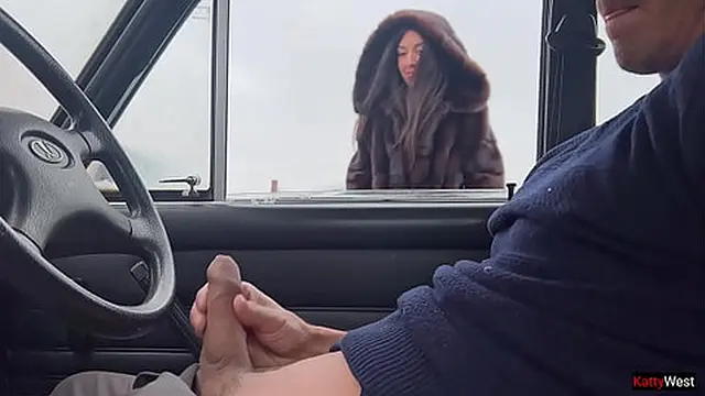 Outdoor parking lot public handjob in car furcoat huge facial