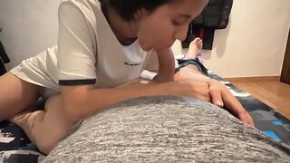 A petite young black-haired girl craves a big cock