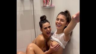 Lesbian shower explodes into sloppy double BJ and huge facial with cum swap POV Blowjob