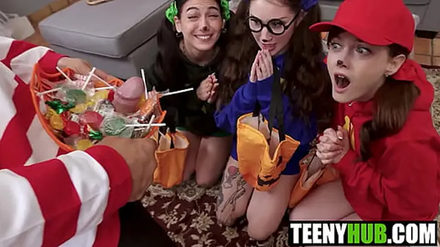 Three pals enjoy a massive cock🌭 during Halloween festivities with Jade &mdash;  Bella &mdash;  Megan &mdash;  and Danny